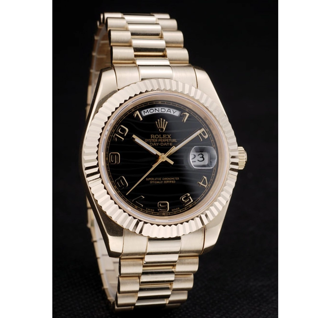 Aaa replica watch Steel Bezel Gold Swiss DayDate Stainless Dial Ribbed Rolex Black 41998 0726